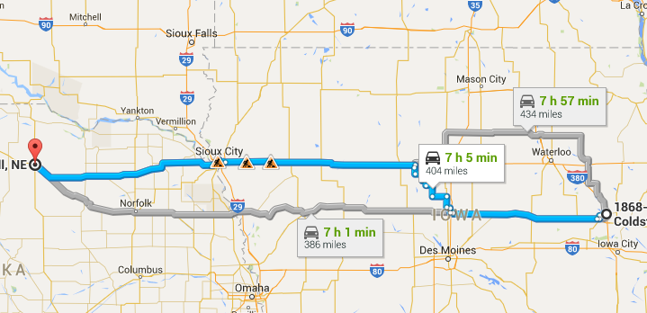 Map of my trip from Cedar Rapids, IA to O'Neill. NE